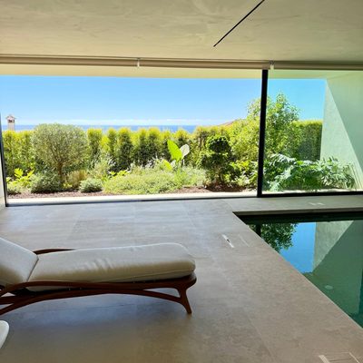 Piscina interior con tumbona y vistas al verde